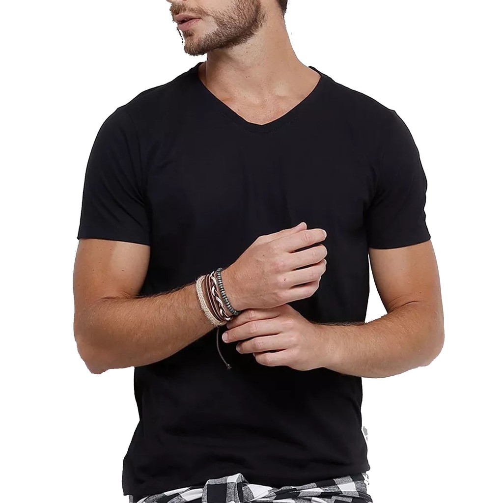 Camiseta Gola V Masculina Lisa 100% Algodão Básica Camisa Blusa Camisa Fio Penteado 30.1 Lisa Uniforme