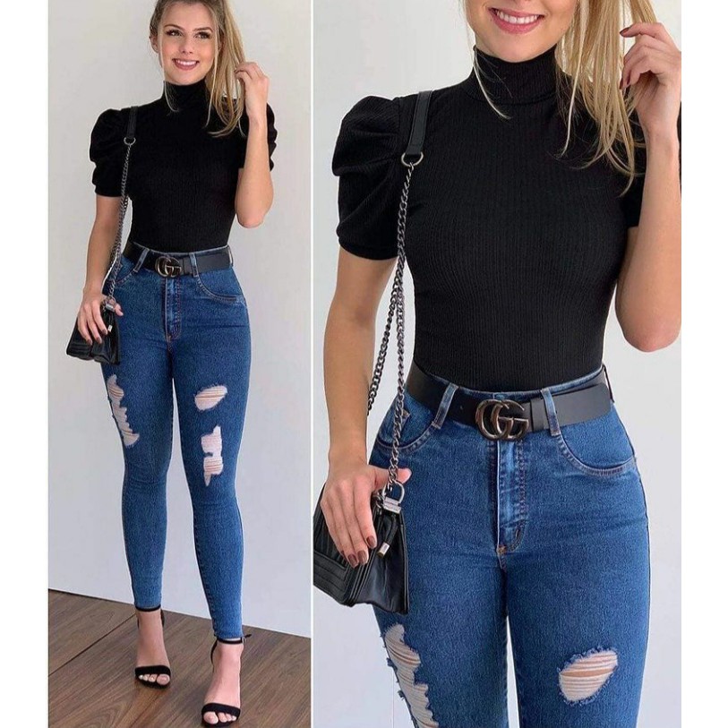 Blusa manga curta princesa bufante malha canelada moda blogueira
