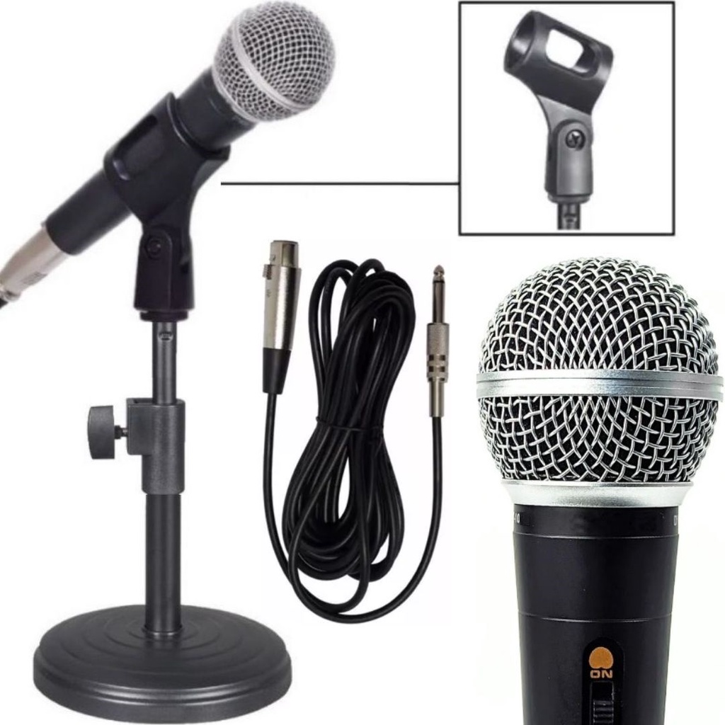 Microfone dinâmico profissional com cabo 5 metros + pedestal tripé suporte de mesa palestra igreja