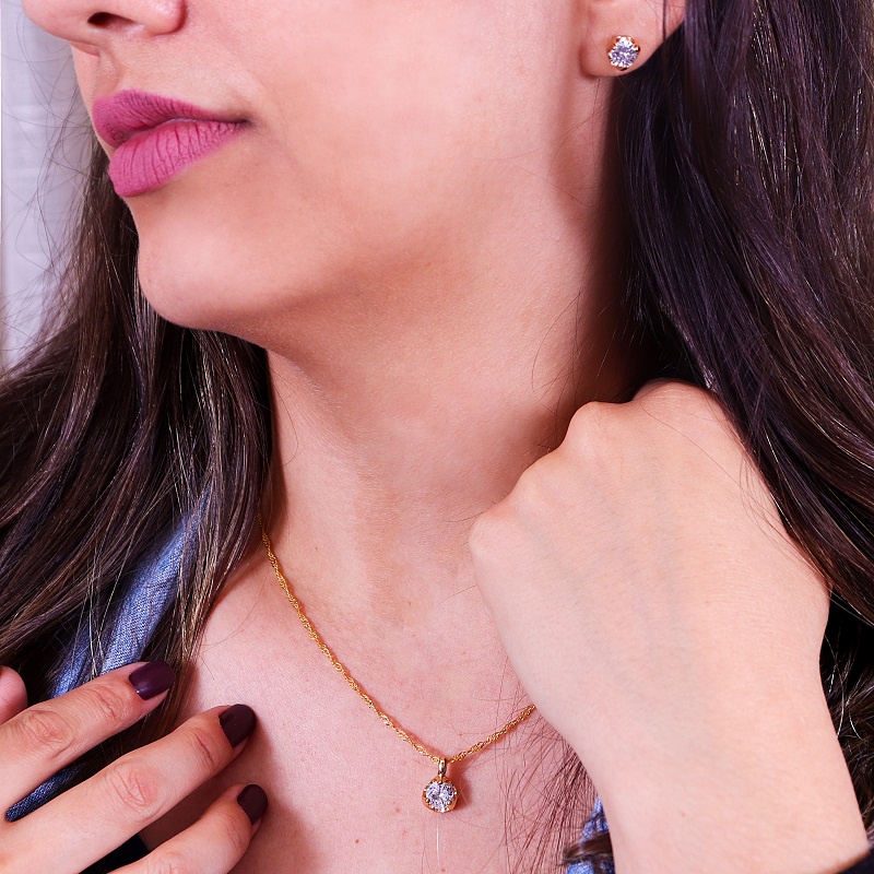 Conjunto Colar e Brinco Semijoia Cravejado com Zircônia Redonda Banhado a Ouro 18K CJ5983 · foto 2