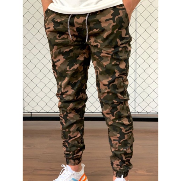 Calça Jeans Jogger Masculina Camuflada Exército, Várias Cores, Slim Fit C/ Punho E Elástico