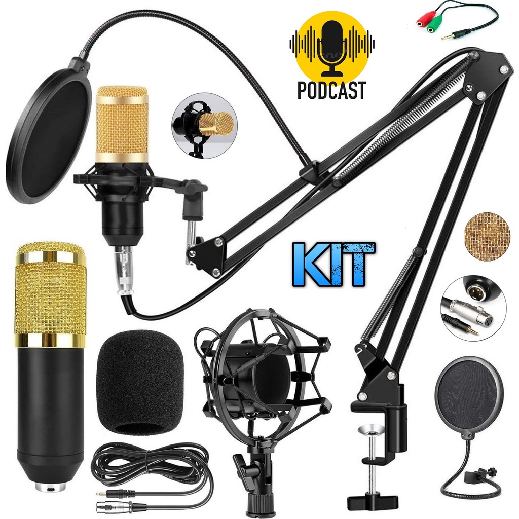 Kit Gravação De Vídeo Profissional Microfone Condensador de Mesa Cardióide Unidirecional Podcast Voz e Violão Youtuber