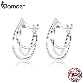 Bamoer 925 Sterling Silver Intertwined Lines Brincos De Argola Francês Para Mulheres Minimalista Simples Boucle Oreille BSE443