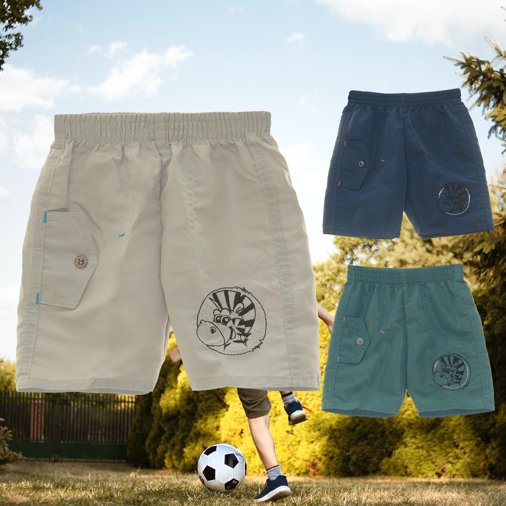 Bermuda Infantil Menino (Tam. 0 a 3) Tactel sem Forro Bordado Zebra e Detalhe com Botão