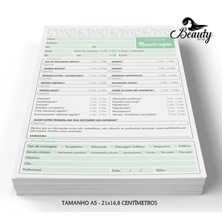 Bloco Ficha De Anamnese para Massagem e Massoterapia - Verde