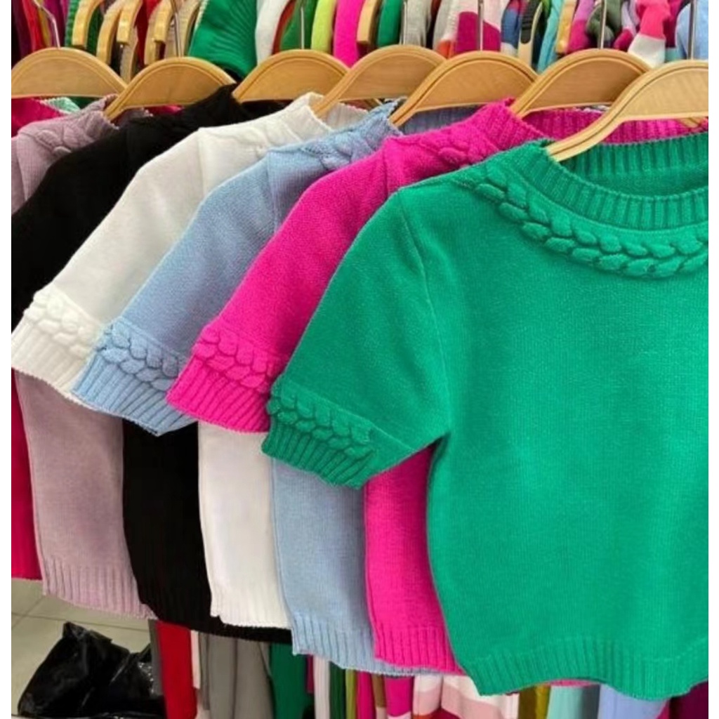 Blusa cropped verao tricot manga curta modal trancada na gola e manga veste 34-40