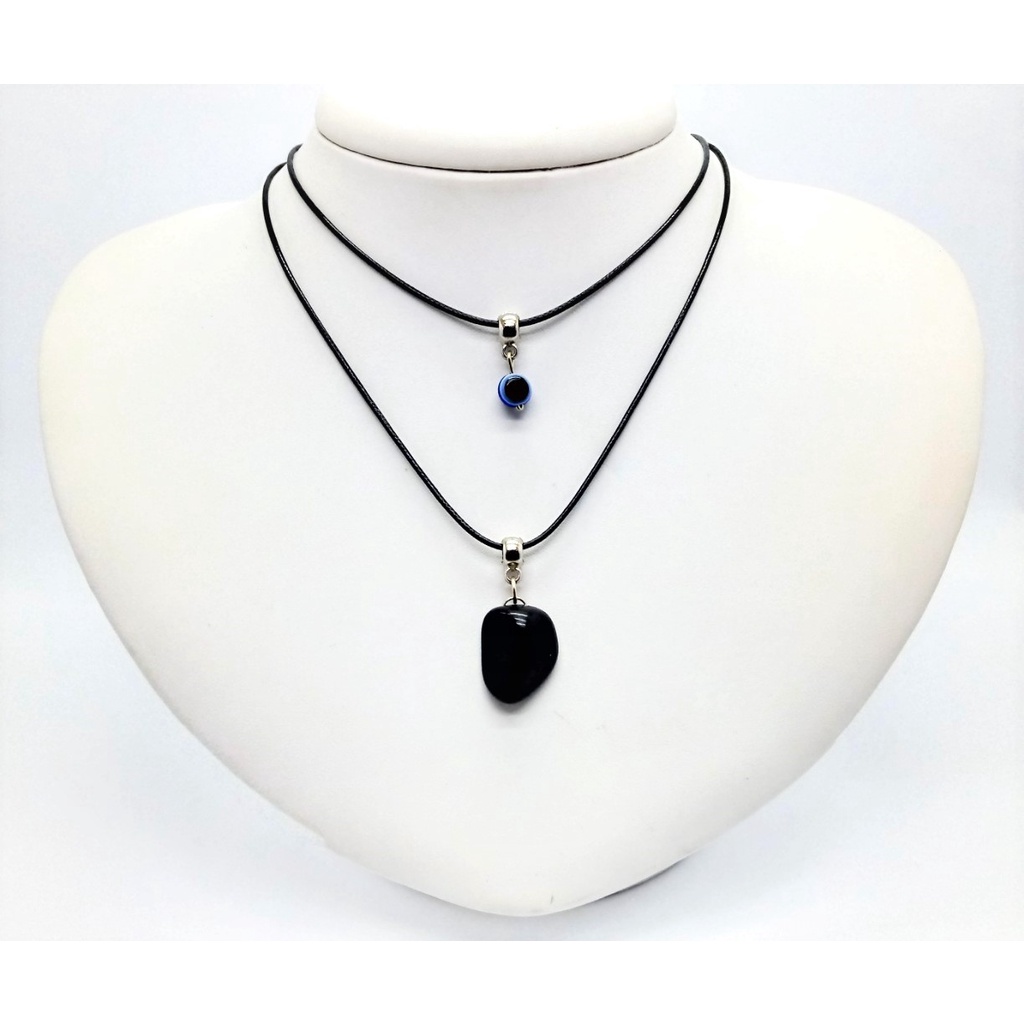 Colar 2 Volta Pedra Natural Turmalina Negra E Olho Grego Azul | Proteção e Cura REF:756