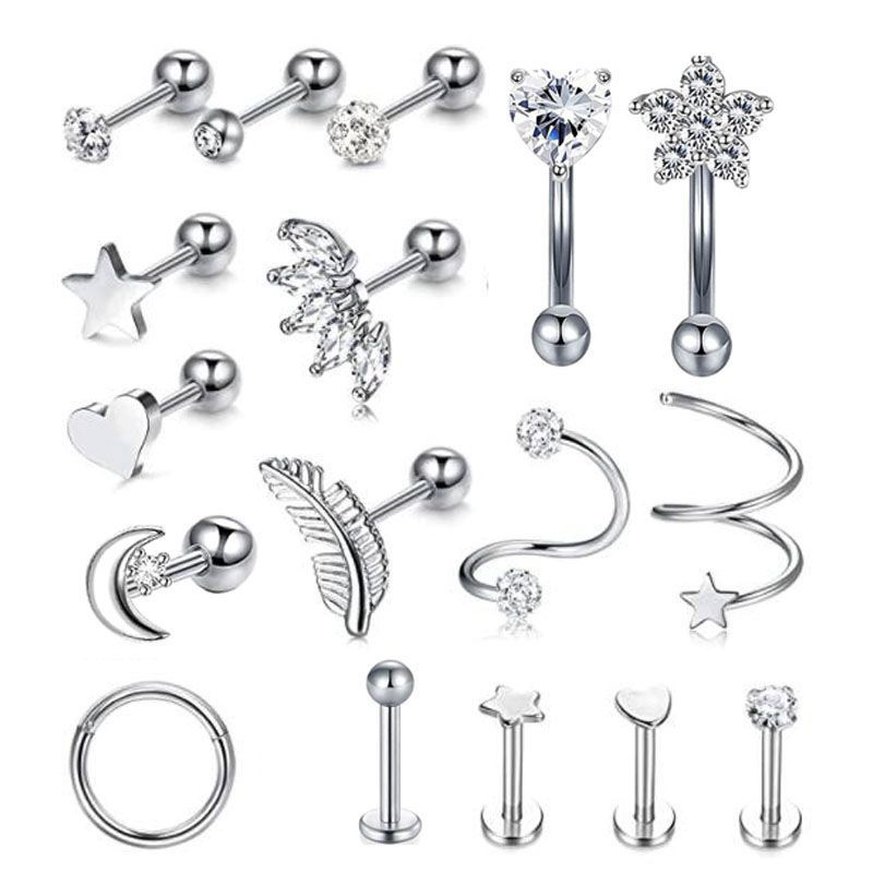 17 Peças Conjunto De Brincos De Aço Inoxidável/Brinco De Piercing Com Tarraxa/Argolas Lua/Estrela/Coração