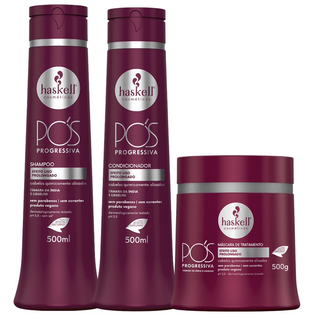Kit Pós Progressiva Haskell Shampoo+Condicionador+Máscara 500ml Efeito Liso Prolongado 0% Parabenos