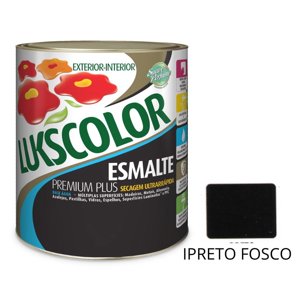 Tinta Esmalte Base Água Cor Preto Fosco Lukscolor 900ml