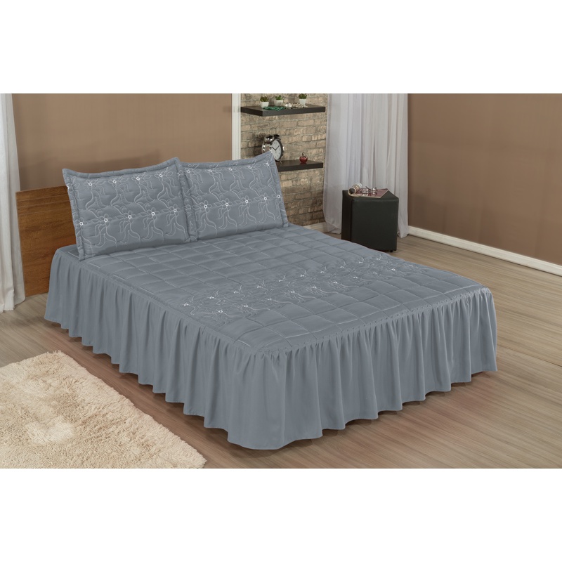 Colcha Casal Com Babado Cobre Leito Padrão Bordada MATELASSE 03 Peças DIVA CINZA