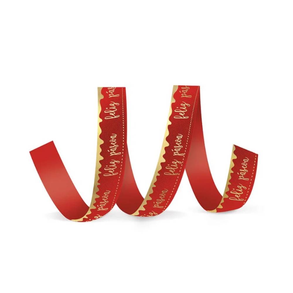 Fita de Cetim Decorada Hot Stamping Feliz Páscoa Vermelho 22mm - 10M- 1 unidade - Cromus