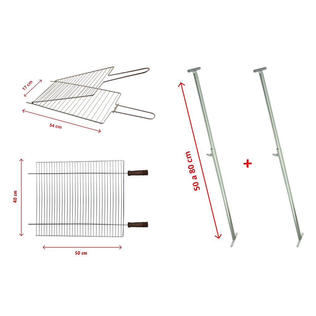 Kit Churrasqueira Grelha Pequena + Grelha Dupla Reta Pequena + Suporte Extensor Ajustável 5001/5101R/5500