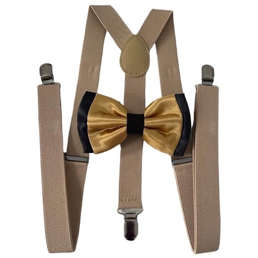 Kit Suspensório Bege+ Gravata Borboleta Dupla Preto/Dourado