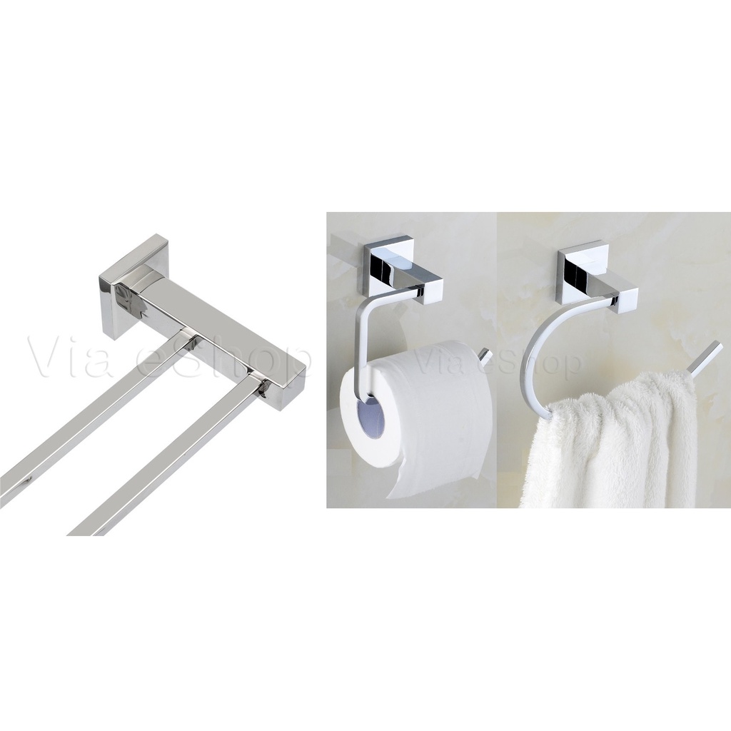KIt 3 peças acessorios de Banheiro Completo-  Porta Toalha Rosto +  Porta Papel Higienico papeleira  + Toalheiro Duplo De Banho Parede  - Metal Inox Cromado Moderno Tendencia Hotel  Premium