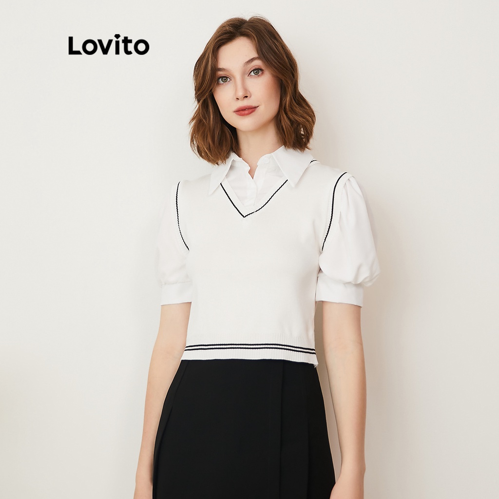 Lovito Preppy Conjunto de Blusa Lusa Peça Única com Gola L24AD162 (Branco)