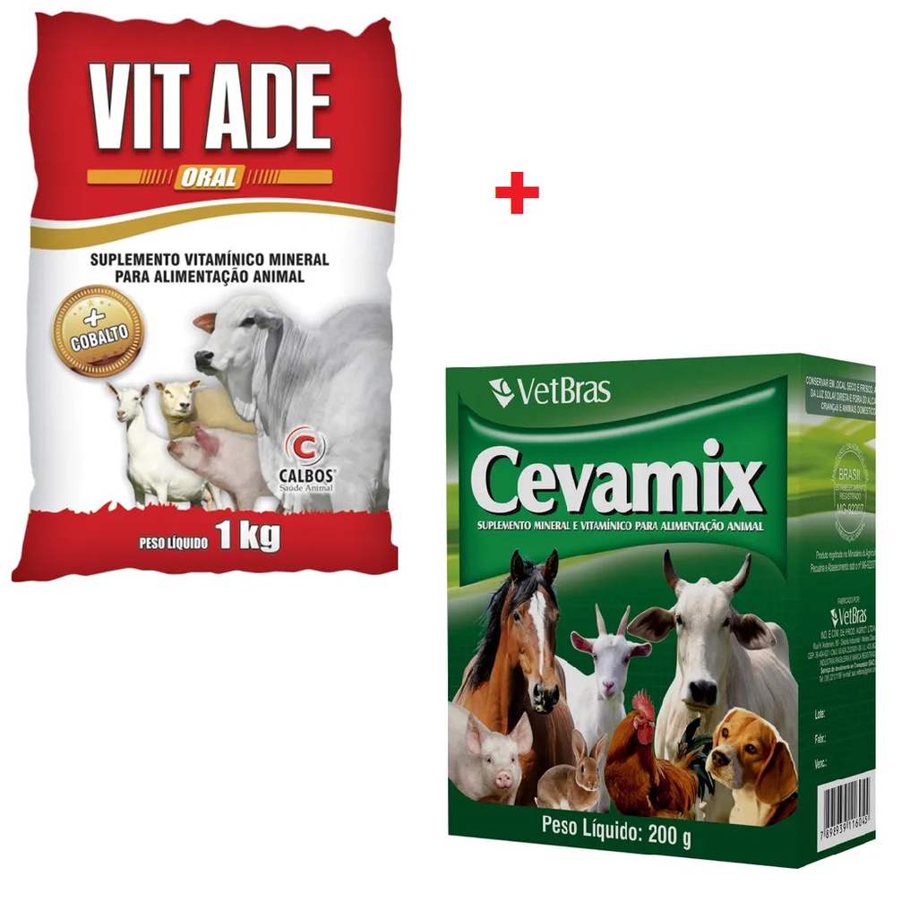 Kit Ganho De Massa Peso Animal Suplemento Mineral Vitaminico VIT ADE 1kg + Suplemento Mineral Fortificante CEVAMIX 200gr