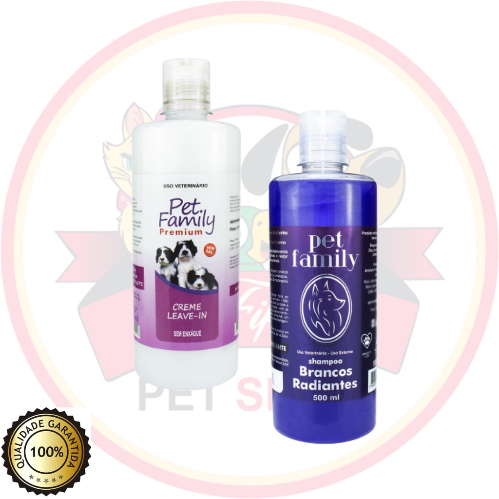 Kit Banho E Tosa Pet Shampoo pra Cachorro E Gato Branqueador Com Creme Condicionador Desembaraçador Leave-in Sem Enxague 500 ml