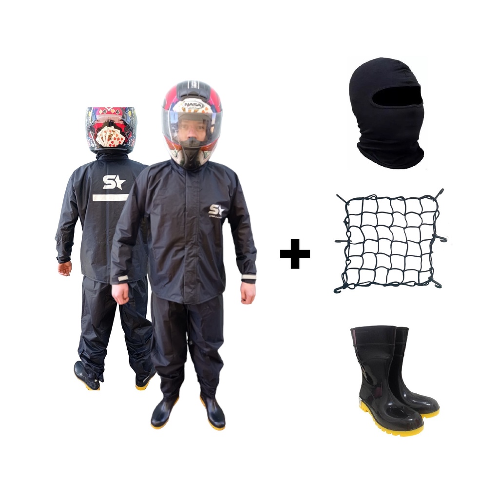 Kit Capa De Chuva Nylon Conjunto Calça Jaqueta 100% Impermeavel Moto Motoboy Touca Ninja Bota Borracha Rede Elastica