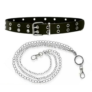 Kit Cinto Punk Rock Metal Ilhos Duplo + Corrente Tripla Camada Lateral Acessorio