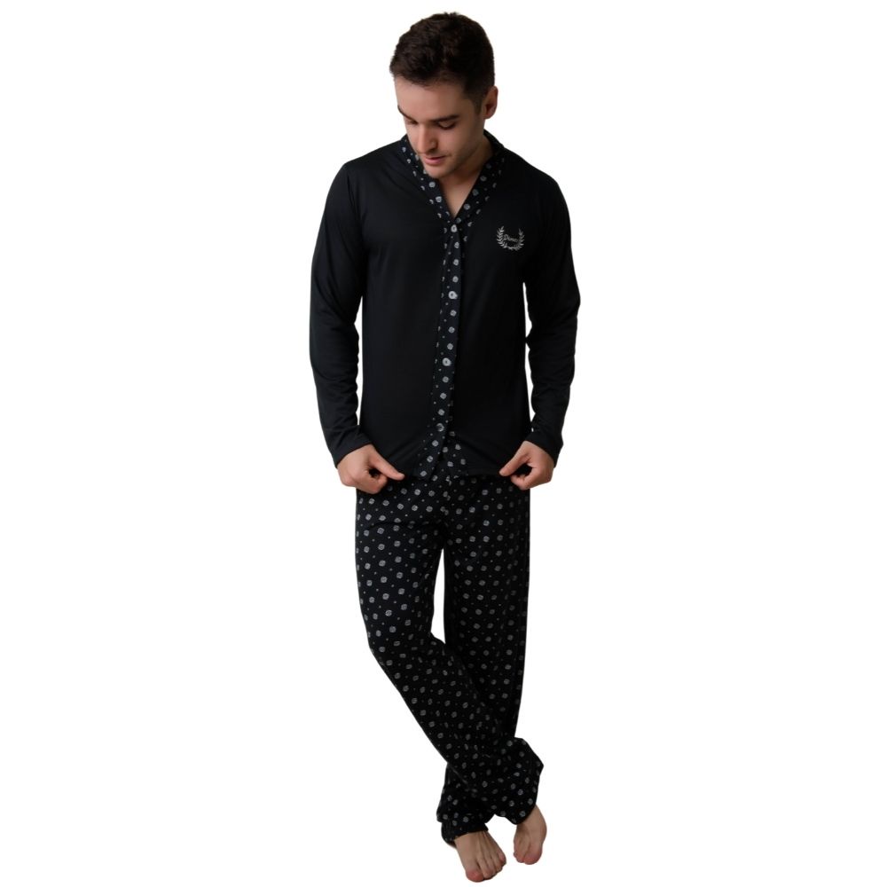 Roupa De Dormir Masculina Manga Longa Com Botoes e Calca Estampado Confortavel Para o Inverno em Oferta na Shopee