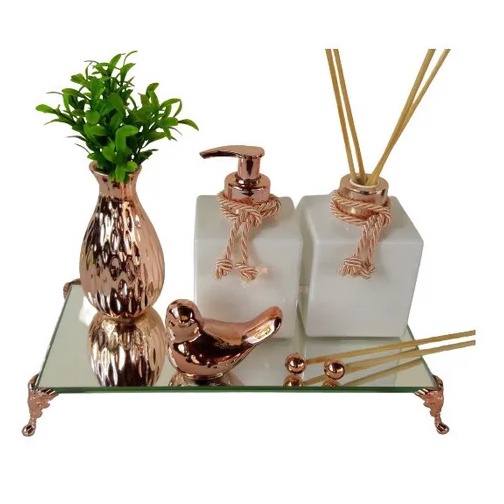 Kit Lavabo Luxo Rose Gold Branco Difusor Bandeja Vasinho