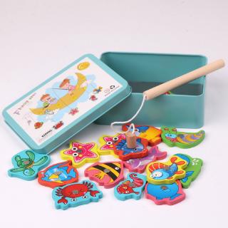 15pcs Fish Wooden Iron Box Magnetic Fishing Games Baby Boys Girls Learning Educational Toys for Children