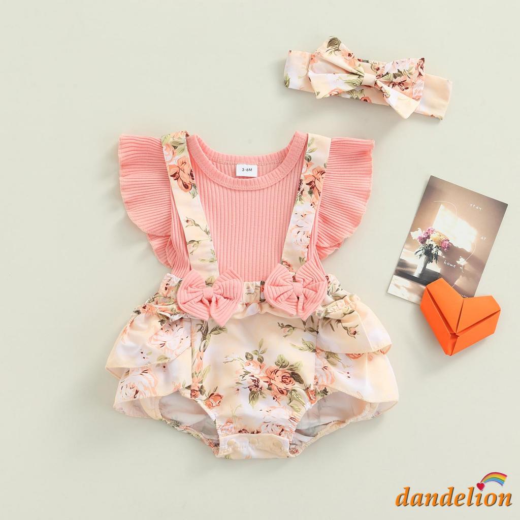 DANDELION-Macacão Infantil Feminino Rosa Com Estampa Floral E Mangas Moscas Laço/0-18 Mese...