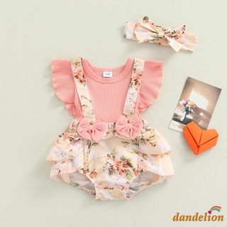 DANDELION-Macacão Infantil Feminino Rosa Com Estampa Floral E Mangas Moscas Laço/0-18 Meses