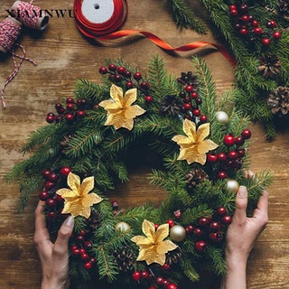 13CM Flor De Natal Com Flanela De Lantejoulas Simulação De Haste Dourada Decoração De Árvore Flores