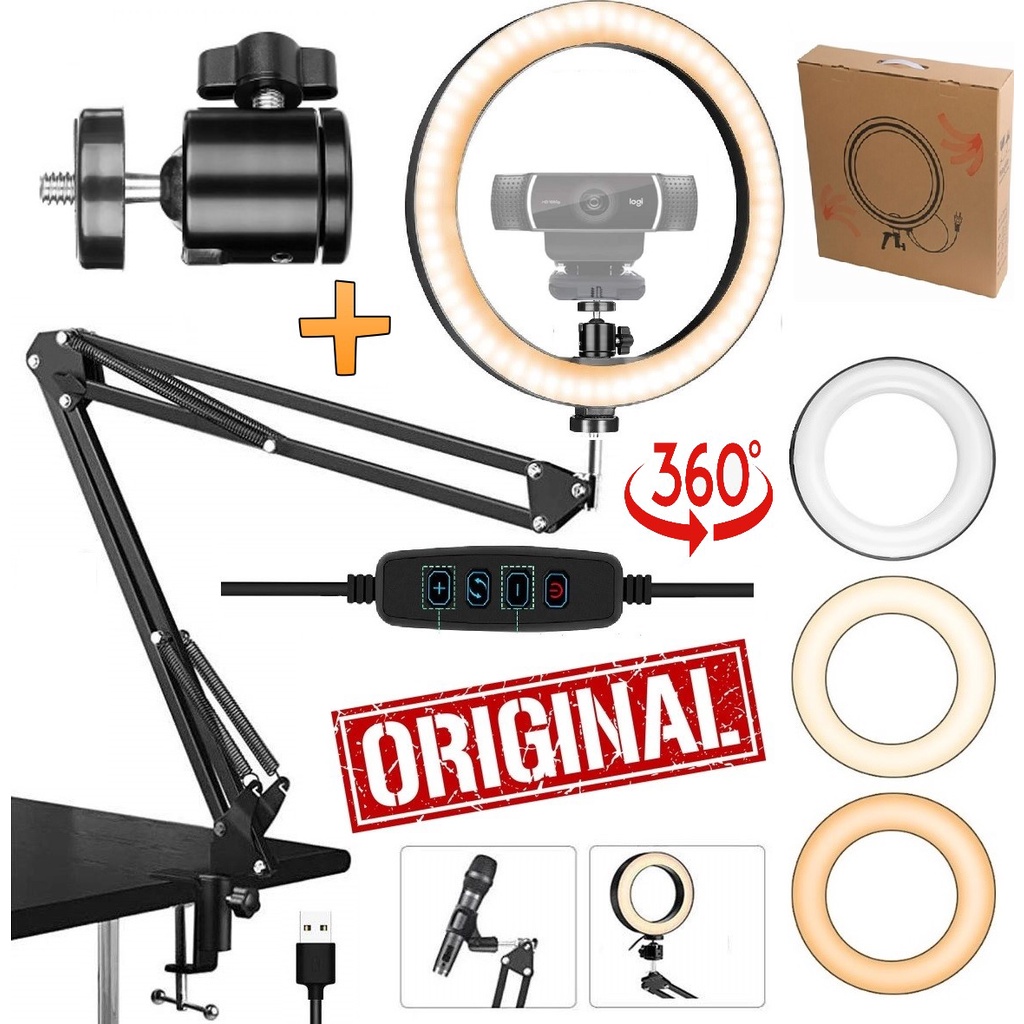 Ring Light Luz Anel Led Iluminador + Suporte Pedestal Mesa Braço Articulado Webcam Vídeo Conferência Reunião Home Office