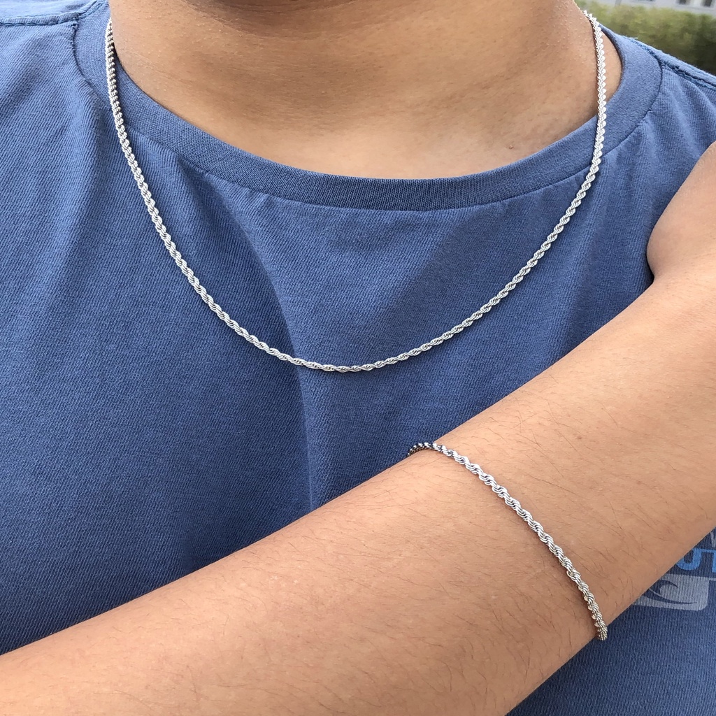 Corrente Cordão Baiano Prata 2mm Fina + Pulseira + Saquinho de Veludo para Presente em Oferta na Shopee