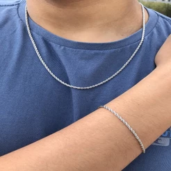 Corrente Cordão Baiano Prata 2mm Fina + Pulseira + Saquinho de Veludo para Presente