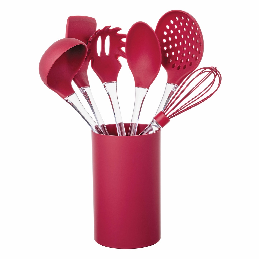 Jogo Utensílios Cozinha Silicone Vermelho Cabo Acrílico 7 peças Euro