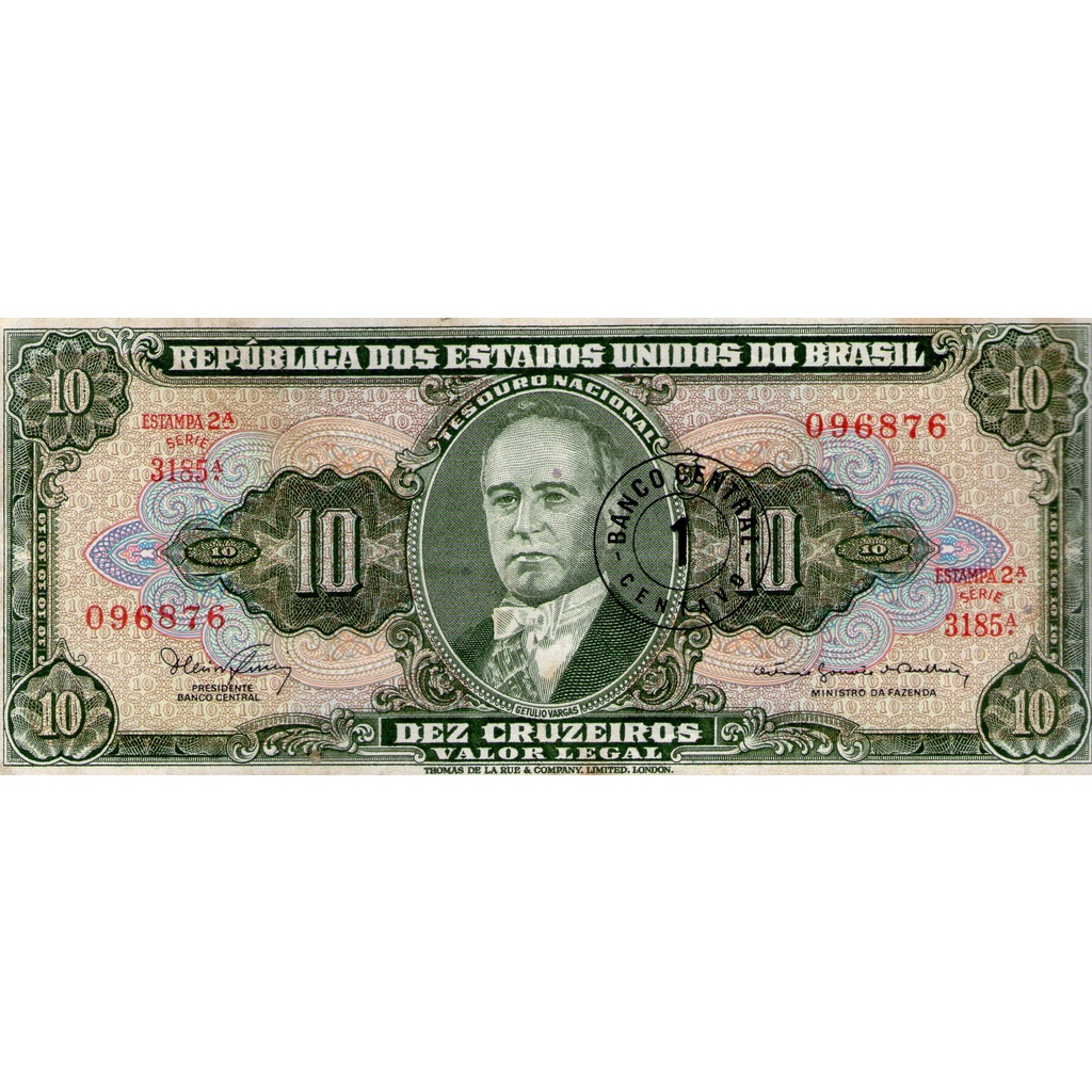Cédula Dinheiro Antigo 10 Cruzeiros Carimbo 1 Centavo