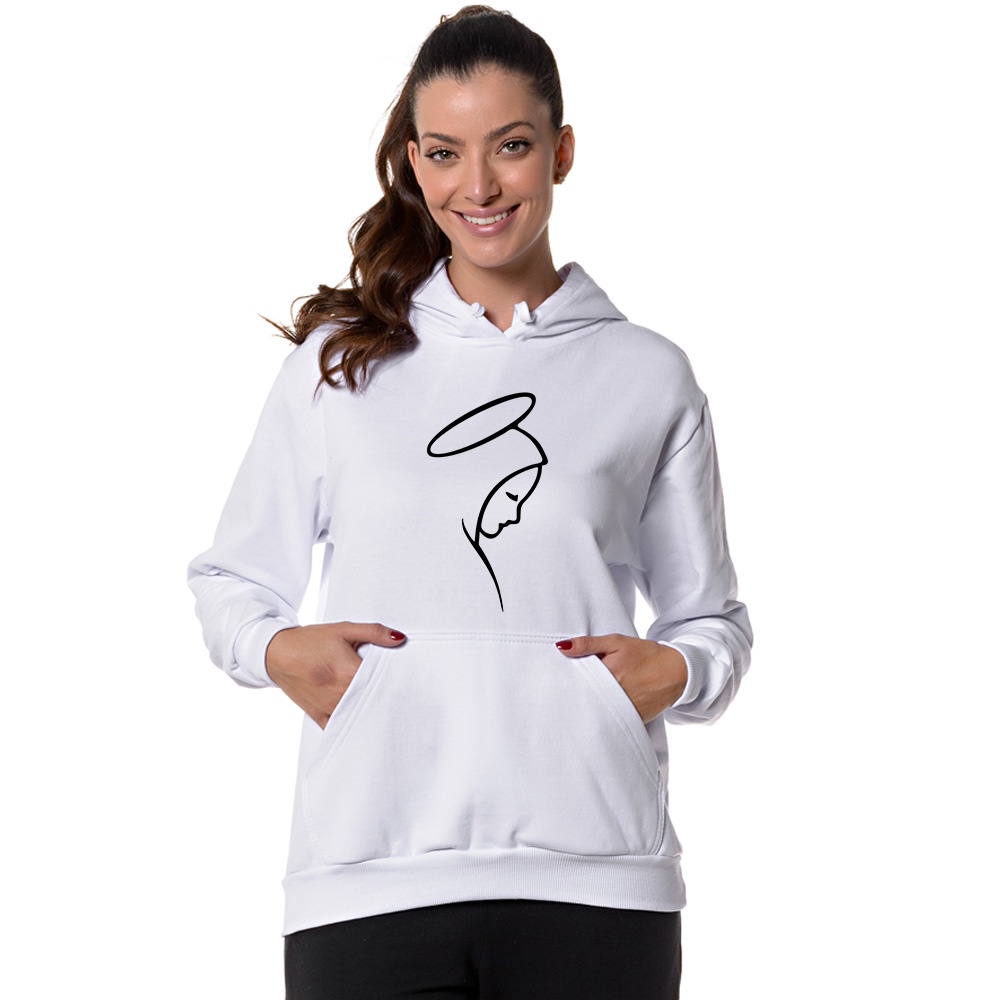 Casaco de Moletom Feminino Nossa Senhora Aparecida Católica Canguru Blusa com Capuz