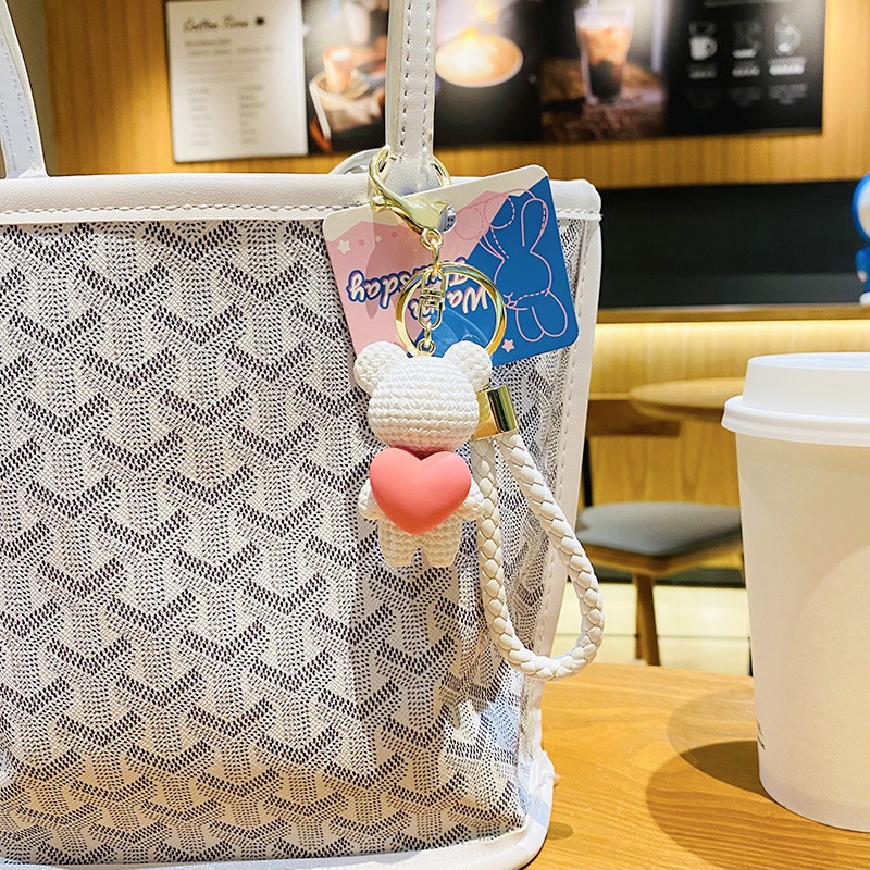 Chaveiro Urso Trançado com Coração Requintado Fêmea Rede Vermelha Boneca Carro Pingente Casal