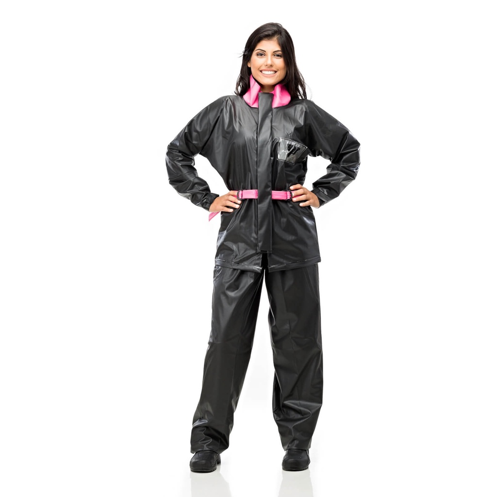 Capa De Chuva Feminina Motoqueiro Pvc Conjunto Detalhes Rosa