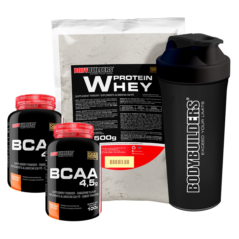 Kit Whey Protein Concentrado em Blend Proteico 500g + 2x BCAA 4,5 100g + Coqueteleira - Aumento de Massa Muscular - Bodybuilders