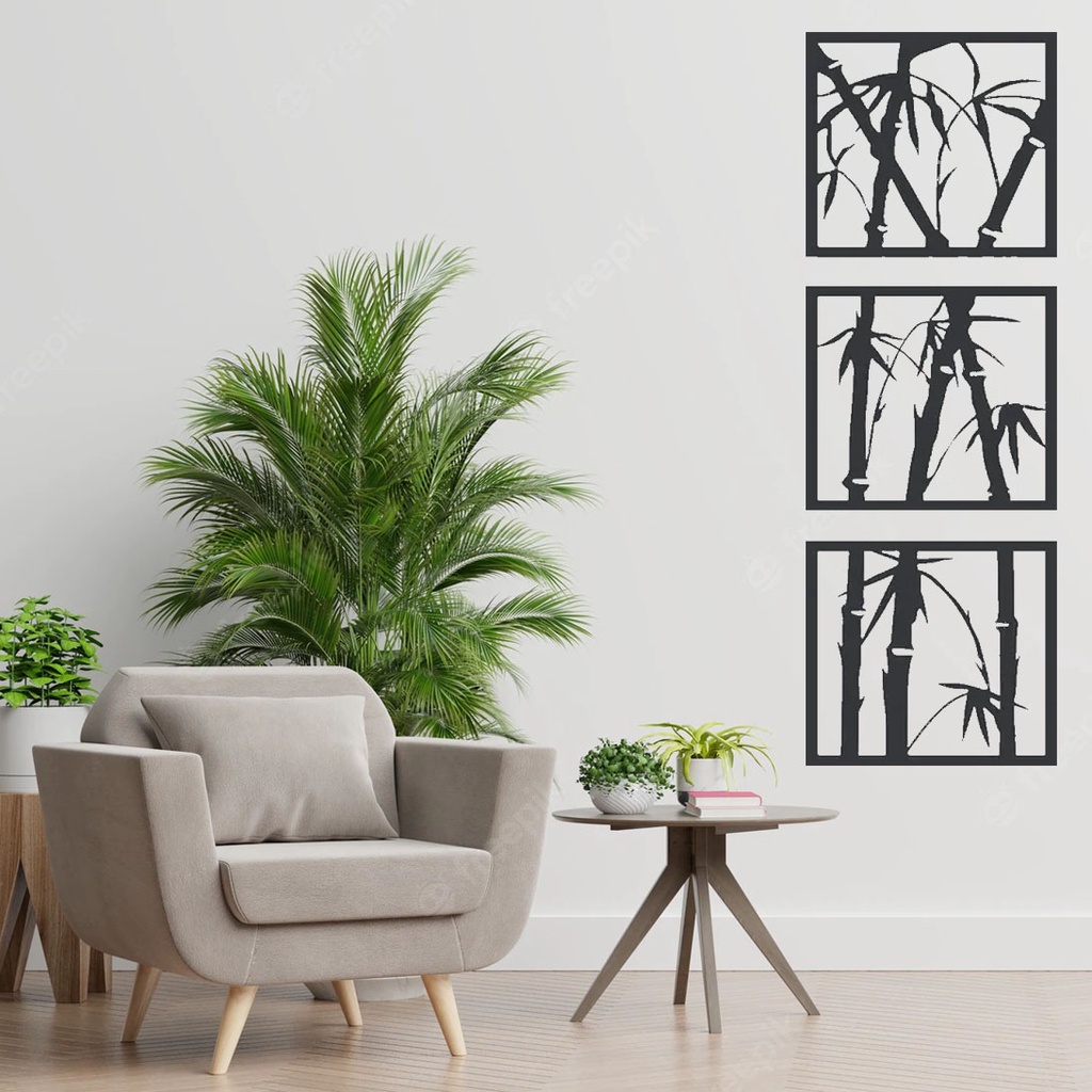 Trio De Quadros Decorativos Bambu Mdf Vazado Preto
