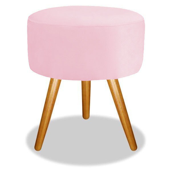 Puff Banqueta Magnus Redondo Rosa Chiclete Pés Castanho