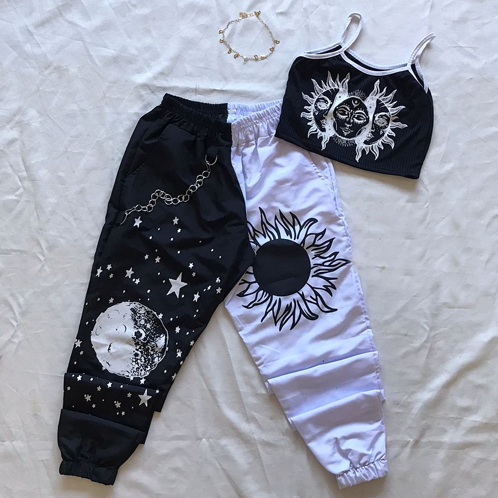 galaxia - calça jogger girassol e lua e branca e alcinha canelado | Shopee Brasil