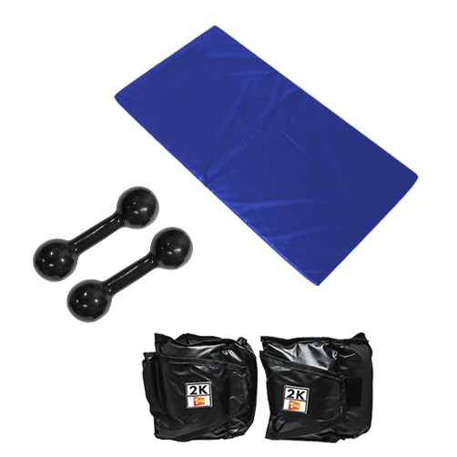 Kit Colchonete Azul + Par de Caneleira Tornozeleira De Peso 2kgs Profissional + Par de Halter Bola Emborrachado 3kg
