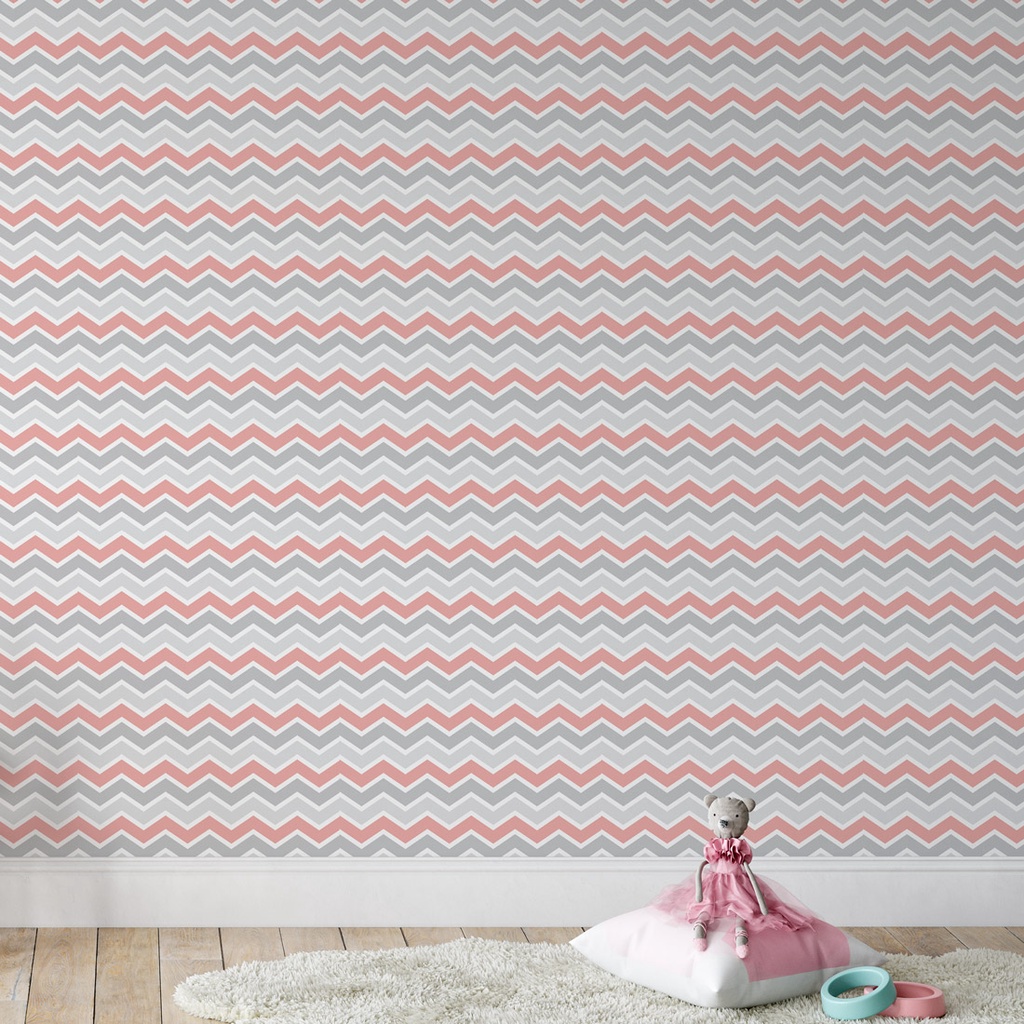 Papel de Parede Adesivo Chevron Rosa e Cinza