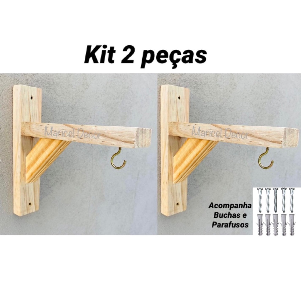 kit 2pçs Suporte para Planta e Flor Macramê 20x20cm Mão francesa Madeira Pinus Reforçado Com Buchas e Parafusos