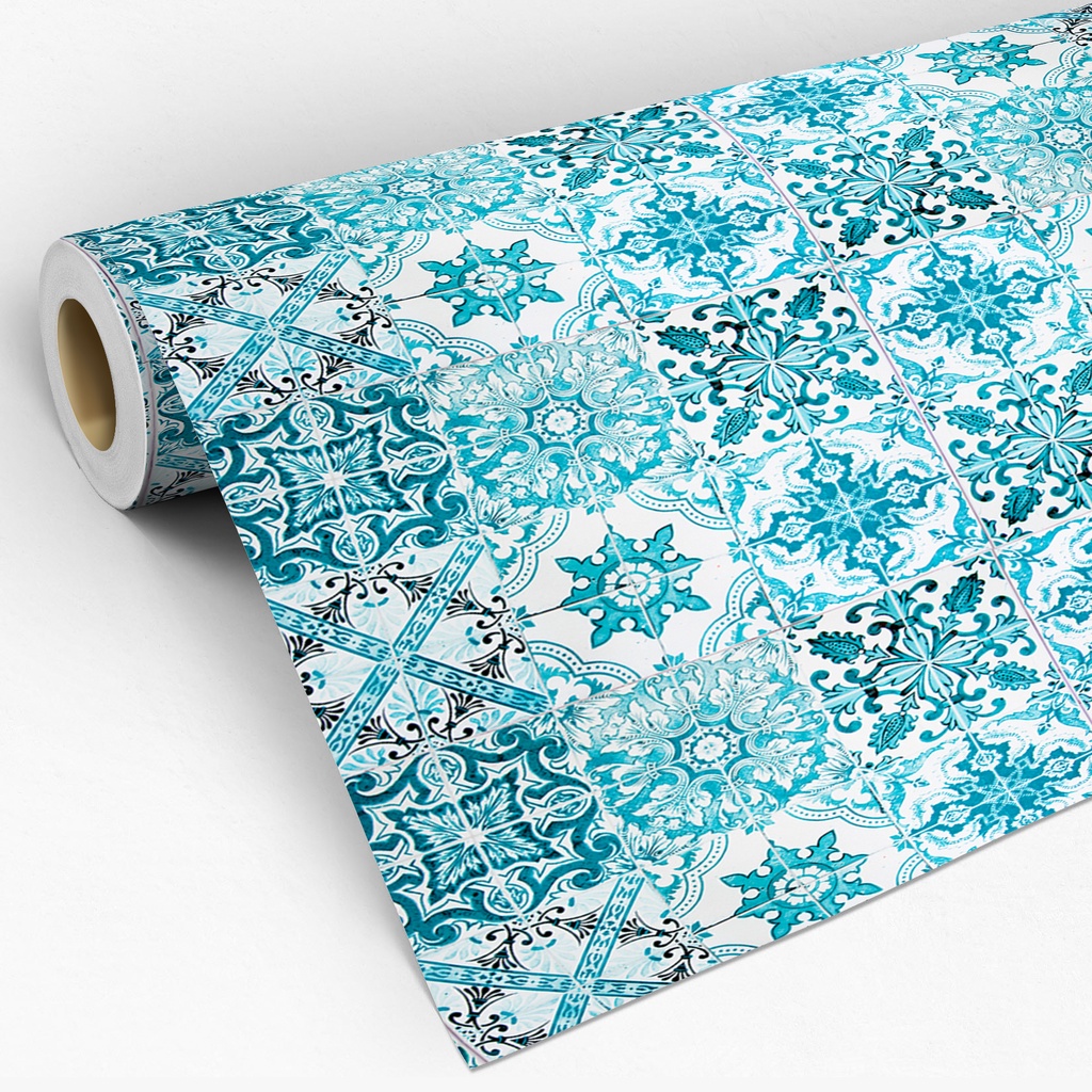 Papel De Parede Adesivo Para Cozinha Azulejo Ladrilho Retro Piso Azul Turquesa Lavável 3 Metros