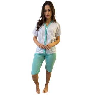 Pijama Feminino Pescador Bermuda de Manga Aberto Botões Maternidade Amamentar Pós Cirúrgico Senhora