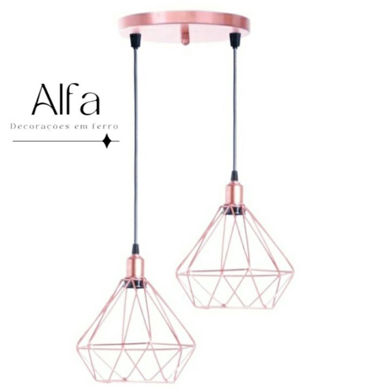 Pendente Diamante Aramado Duplo Rose Gold Cabo Preto Canopla Única