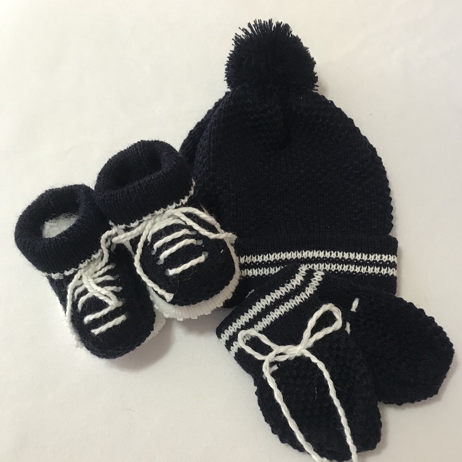 Kit Touca/gorro, Luvas E Botinha Sapatinho Em Tricô Linho Bebê Azul Marinho
