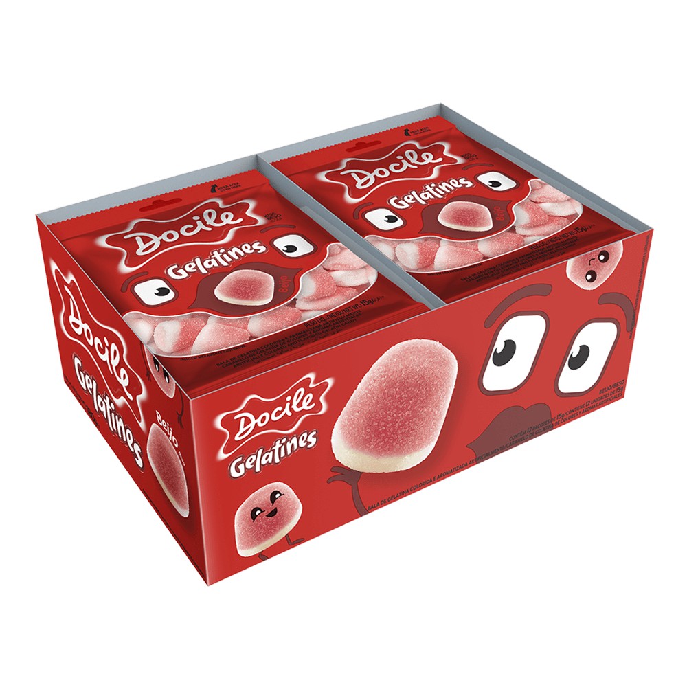 ( NO BRASIL ) 12 Bala de Gelatina GELATINES DOCILE BEIJO 15g - Original Mais Vendidas Tipo Fini® Regaliz CX VERMELHO